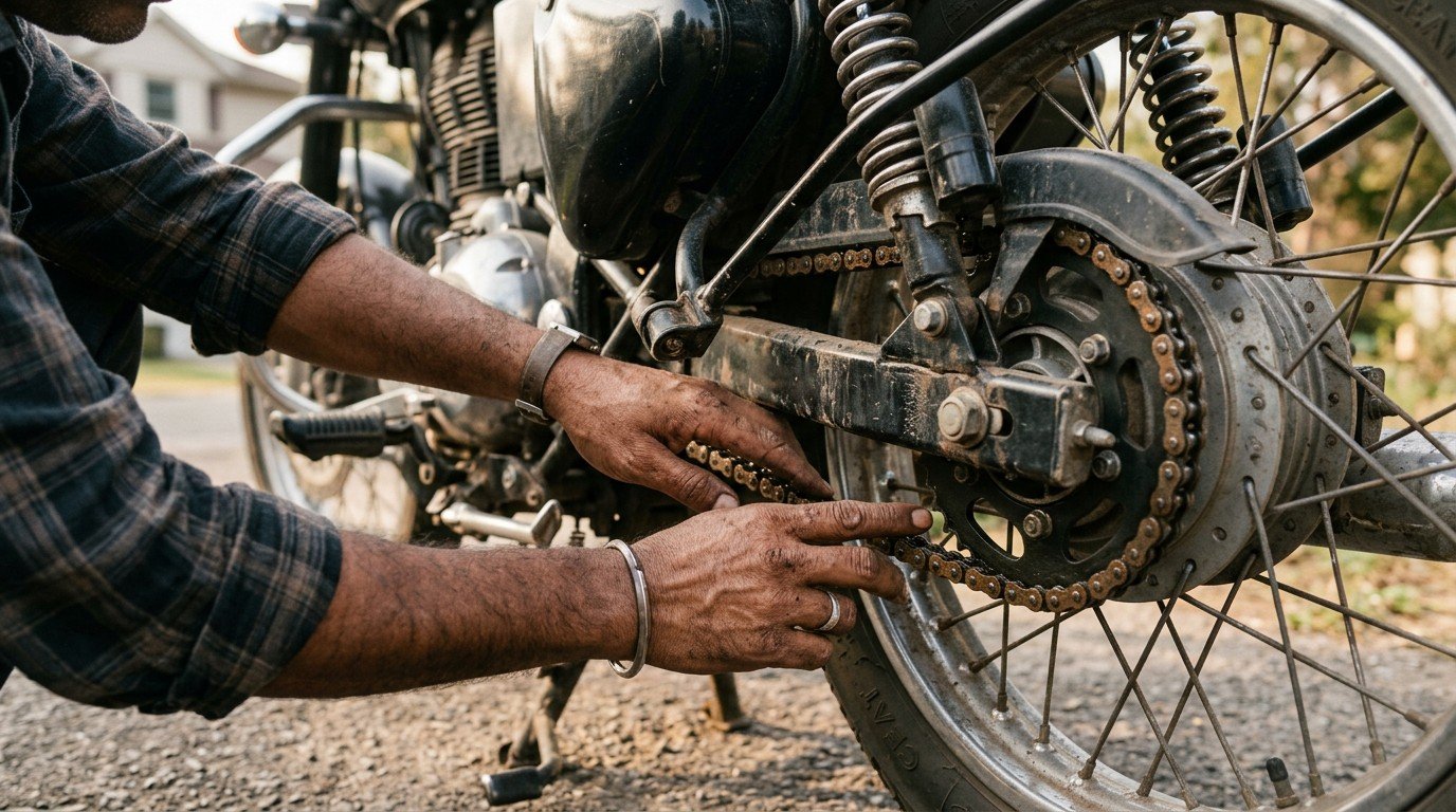 Hands checking the drive chain and rear sprocket on one of the second hand bikes before buying.