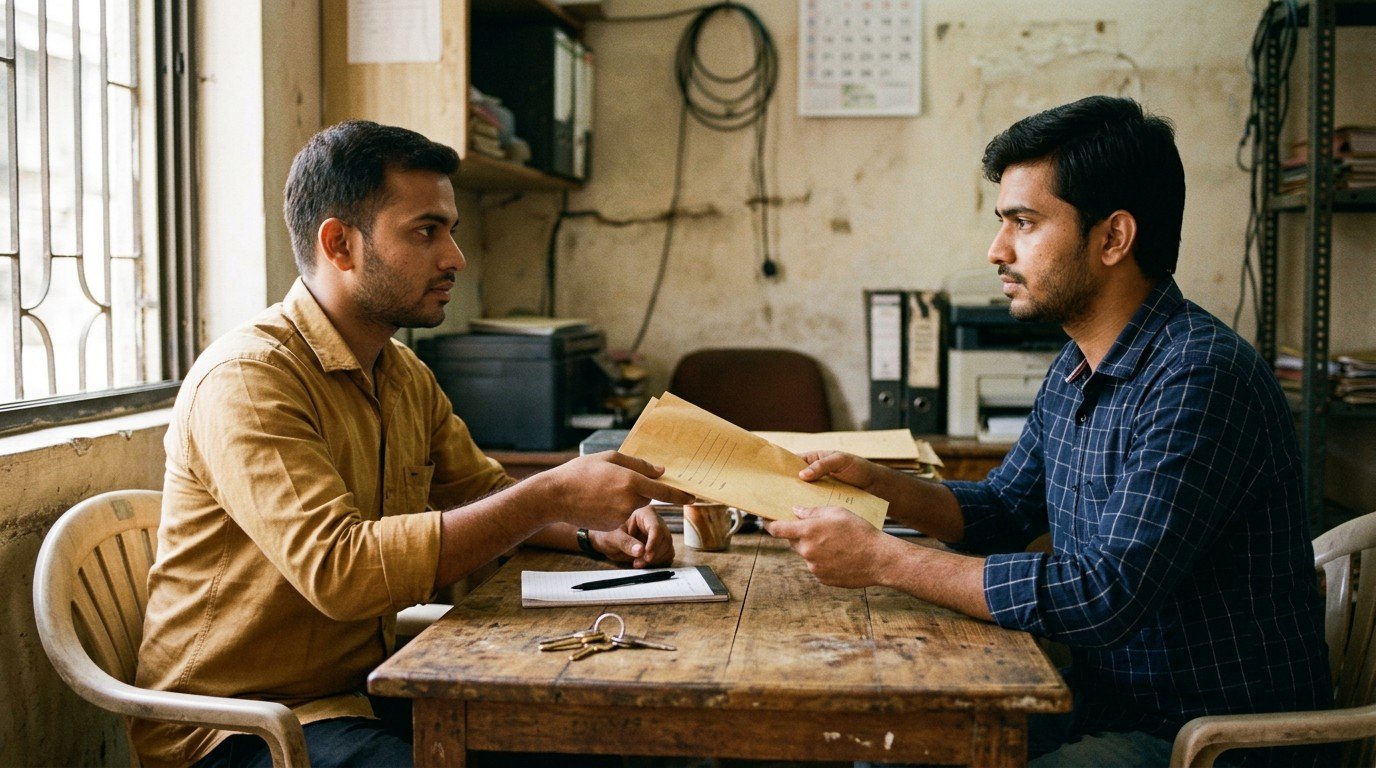 Buyer and seller going through the RC and transfer forms for one of the second hand bikes.