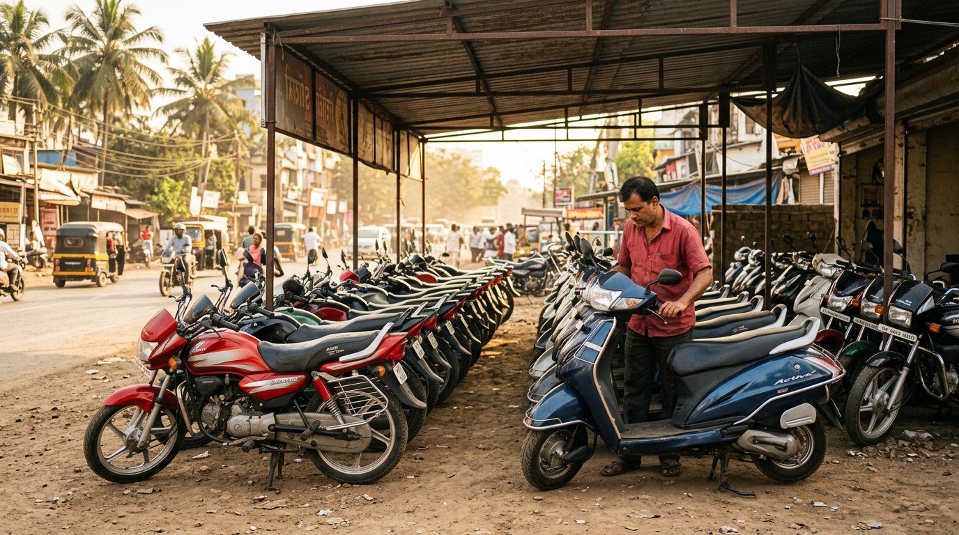 A row of second hand bikes, motorcycles and scooters, parked outside a small dealership in a Mumbai suburb.